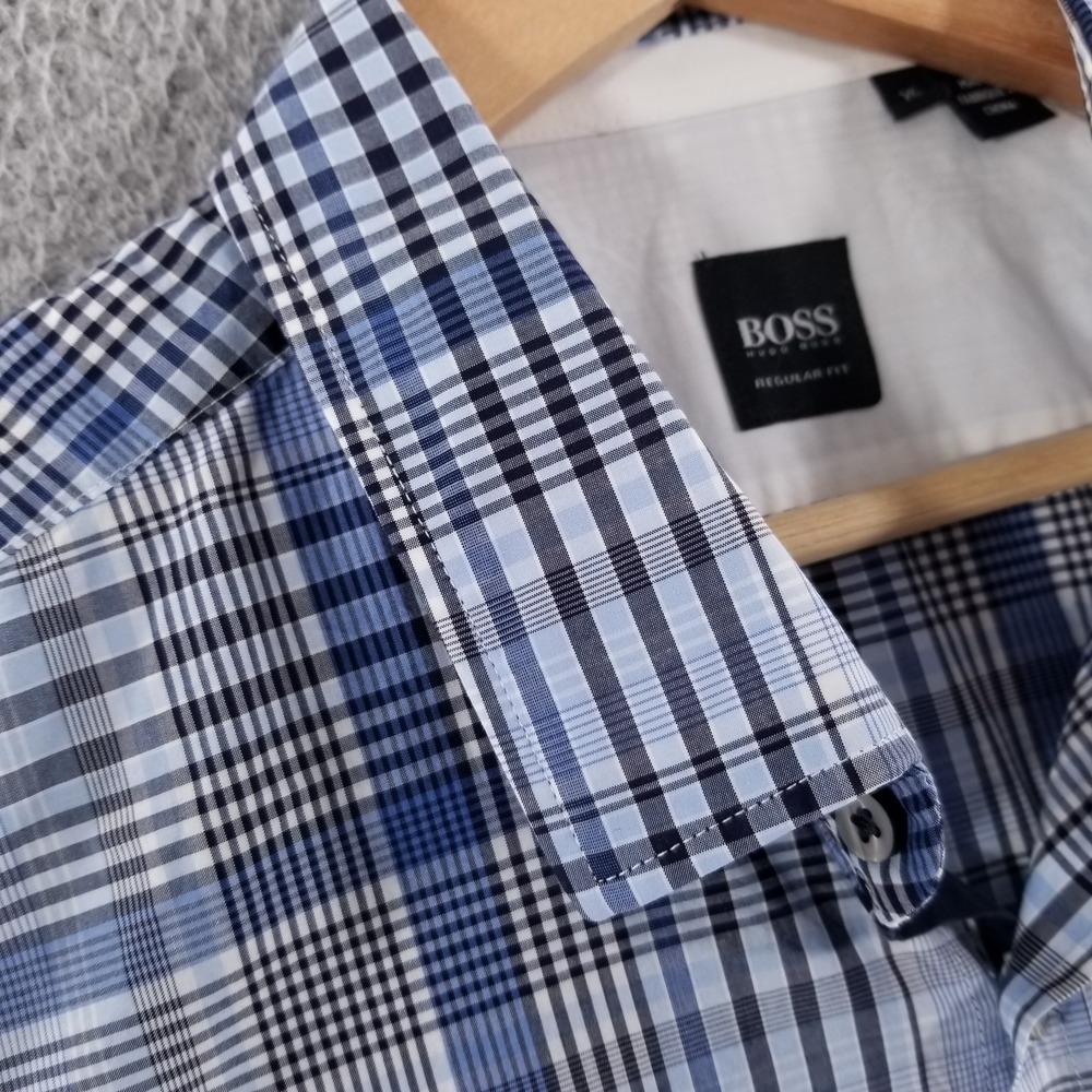 BOSS Hugo Boss Shirt Mens XL Blue Plaid Regular Fit Casual Lorenzo Button Down